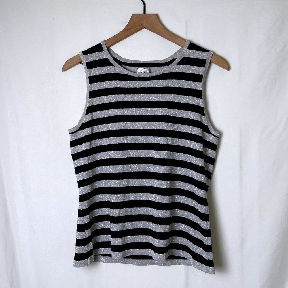 Chico's Women Silk Blend Metallic Striped Sleeveless Shell Top Size 2 /L Black